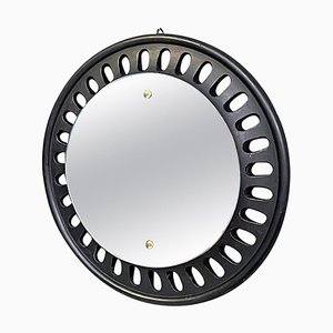 Italian Round Wall Mirror in Black Wood, 1950s