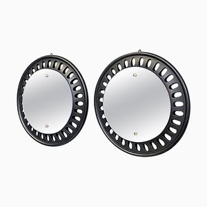 Italian Round Wall Mirrors in Black Wood, 1950s, Set of 2