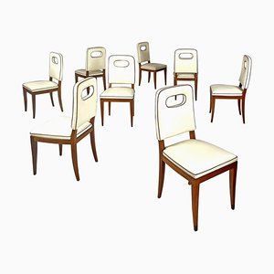 Italian Art Deco White Leather and Wood Chairs attributed to Giovanni Gariboldi, 1940s, Set of 8