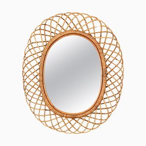 French Riviera Rattan and Bamboo Oval Mirror by Franco Albini, Italy, 1960s