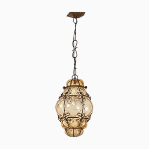 Venetian Amber Murano Glass Ceiling Light with Iron Frame, Italy, 1940s