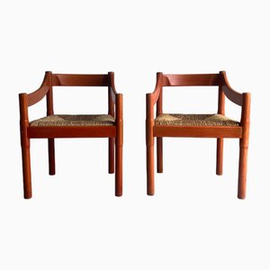 Red Stained Carimate Carver Chairs by Vico Magistretti, Set of 2