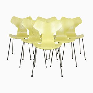 Sedia Grand Prix vintage gialla di Arne Jacobsen, set di 6