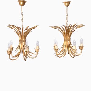 Gilded Brass Wheat Sheaf Chandeliers, Italy, 1970s, Set of 2