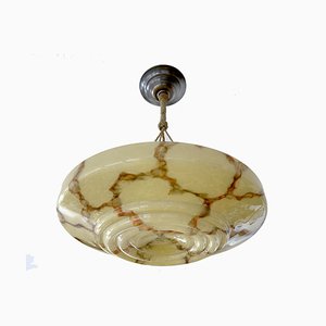 Art Deco Pendant Light in Marble Glass and Brass, 1930s