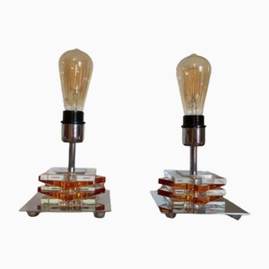 Vintage Nachttischlampen aus verchromtem Messing & Bleikristallwürfeln, 2000er, 2er Set