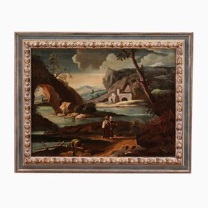 Artista italiano, Paesaggio con personaggi, 1750, Olio su tela