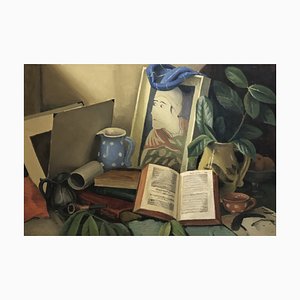 Pierre Jaques, Atelier avec livres et travaux de l'artiste, Öl auf Leinwand, Gerahmt
