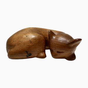 Vintage Hand Carved Wooden Sleeping Cat by De Stijl, 1980s