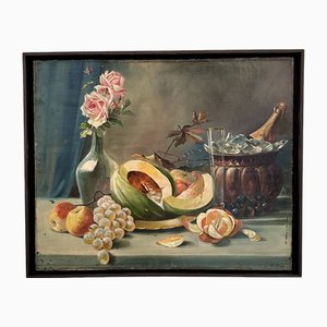 Artista Biedermeier, Natura morta con fiori e frutta, Inizio XIX secolo, Dipinto ad olio, Con cornice