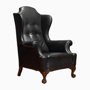 19th Century Black Leather Chippendale Wingback Chair with Claw and Ball Feet