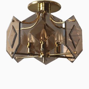 German Brass and Smoke Glass Ceiling Light attributed to Sische Leuchten, 1980e