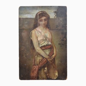 Italienischer Schulkünstler, The Tambourine Girl, 1700er, Öl auf Holz, gerahmt
