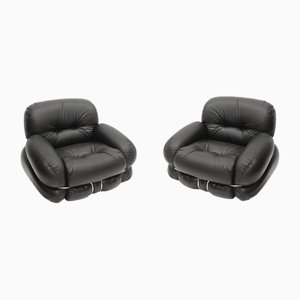 Set of Italian Model Okay Lounge Chairs in Black Leather and Steel by Adriano Piazzesi