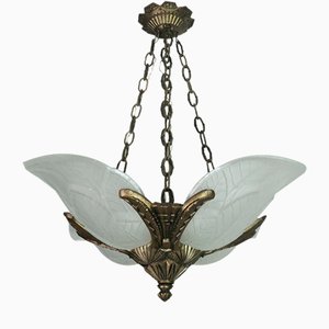 Lámpara de techo Art Déco de bronce y vidrio satinado, Francia, años 40