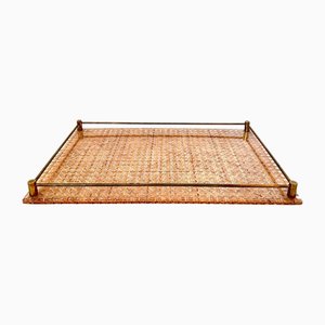 Mid-Century Rattan Acrylic Glass Tray with Brass Handles, 1970s