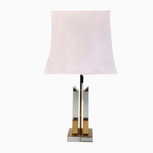 Large Italian Brass and Acrylic Glass Table Lamp with Integrated Light, 1970s