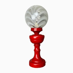 Mid-Century Portuguese Red Painted Wood Table Lamp with Swirl Glass Globe attributed to Marinha Grande, 1960s