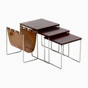 Rosewood Nesting Tables with Leather Magazine Holder from Brabantia, 1970s, Set of 3