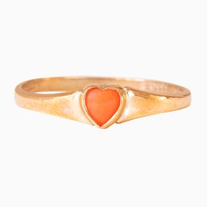 Vintage 8k Yellow Gold Ring with Heart-Shaped Orange Coral, 1960s