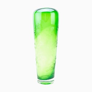 Geätzte grüne Cameo-Vogel-Vase aus Glas