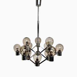 Large Italian Chromed 3d-Grid-Structure Chandelier with 12 Smoked Glass Domes, 1960s