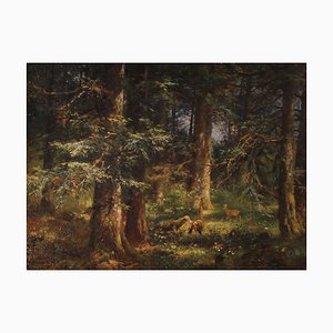 Anton Heinrich Dieffenbach, Ciervo en el bosque de abetos, 1891, óleo sobre madera, enmarcado
