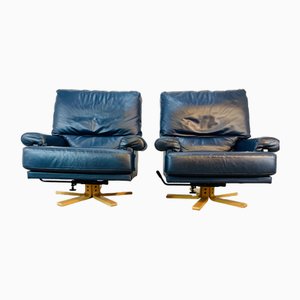 Mid-Century Navy Blue Leather Swivel Chairs, 1970s, Set of 2