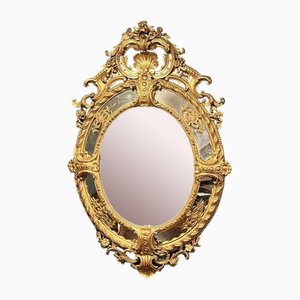 Large French Oval Wall Mirror in Carved Giltwood Frame, 1880