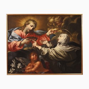 Artista religioso, santa Catalina de Siena elige la corona de espinas, 1680, óleo sobre lienzo, enmarcado