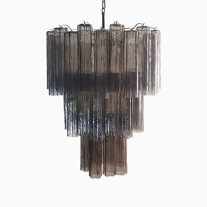 Large Three-Tier Venini Murano Glass Tube Chandelier with 48 Smoked Glasses, 1990s
