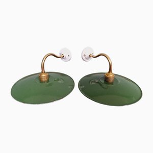 Industrial Wall Lights in Brass and Green Enamel Sheet, Set of 2