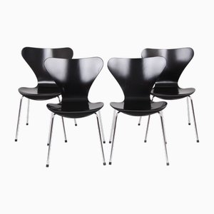 3107 Black Chairs by Arne Jacobsen for Fritz Hansen, 1950s, Set of 4