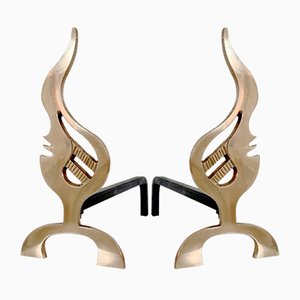 Flame Brass Andirons, France, 1960s, Set of 2