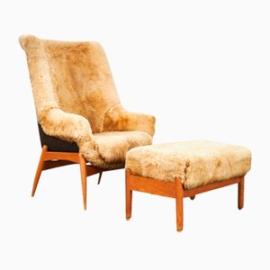 Vintage Sheepskin Lounge Chair with Footstool by Júlia Gaubek, 1969, Set of 2