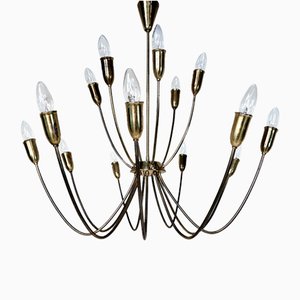 Large Mid-Century Patinated 15-Arm Brass Chandelier, Germany, 1950s
