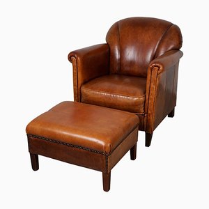 Vintage Dutch Cognac Colored Leather Club Chair with Footstool, Set of 2