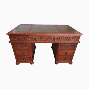 Vintage Carved Oak Writing Desk with Leather Top, 1970s