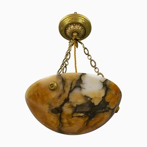 French Art Deco Amber Color Alabaster and Bronze Pendant Light, 1920s