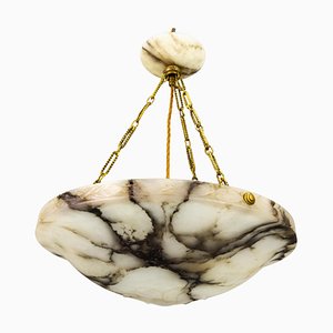 Art Deco French White and Black Alabaster and Brass Pendant Light, 1920s