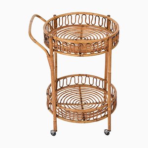 French Riviera Bamboo and Rattan Serving Bar Cart Trolley, 1960s