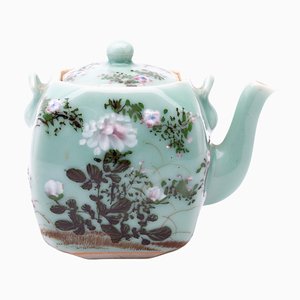 Chinese Hand-Painted Celadon Glazed Blossoms Teapot
