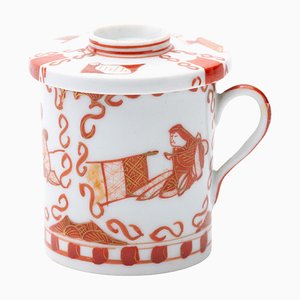 Taza con tapa de porcelana pintada con marca china de seis caracteres