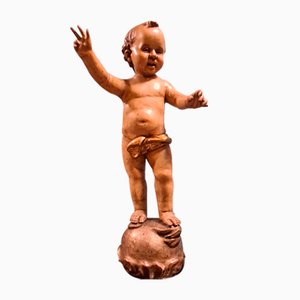 Artiste Italien, Blessing Child, 18ème Siècle, Sculpture En Bois Sculpté
