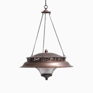 Antique French Pagoda Style Glass and Metal Pendant Light