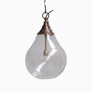 Grande Lampe à Suspension en Verre Transparent et Laiton