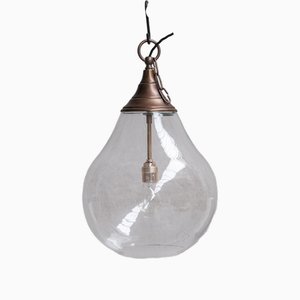 Large Clear Glass and Brass Bulb Shaped Pendant Light