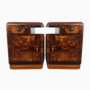 Art Deco Nightstands in Walnut feather with a Blond Walnut Base, 1940s, Set of 2