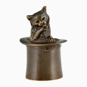 Campana da tavolo antica in bronzo raffigurante un gatto con cappello a cilindro, 1880