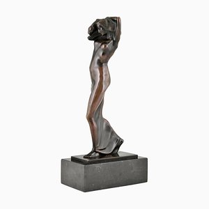 Joseph Humplik, Jugendstil Skulptur einer Dame mit Panther, 1910, Bronze auf Marmorsockel